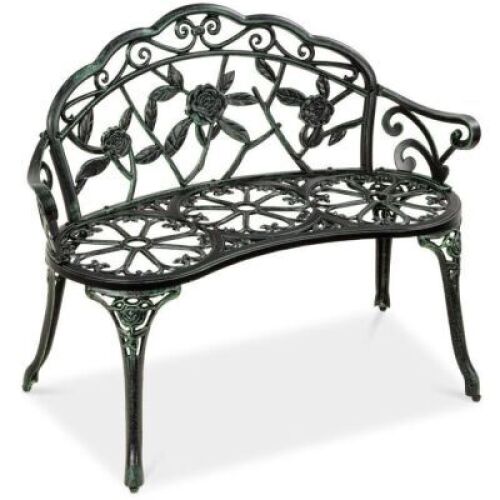 Steel Garden Bench Outdoor Patio Furniture w/ Floral Rose Accent - 39in&nbsp;