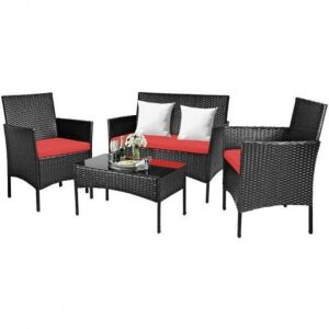 4 Piece Patio Rattan Cushioned Sofa Furniture Set With Tempered Glass Coffee Table