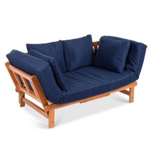 Outdoor Convertible Acacia Wood Futon Sofa w/ 4 Pillows, Removable Cushion 