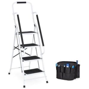 4-Step Portable Folding Ladder w/ Handrails, Attachable Tool Bag 