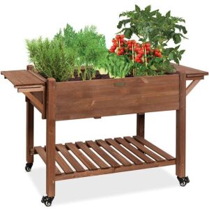 Pre-Stained Mobile Raised Garden Bed Elevated Wood Planter Stand 57x20x33in 