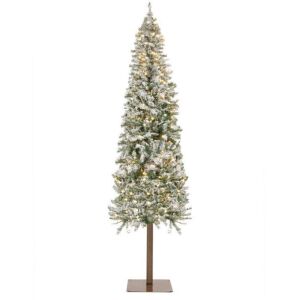 Pre-Lit Snow Flocked Alpine Slim Pencil Christmas Tree w/ LED Lights, Stand 