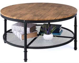 2-Tier Round Industrial Wood & Steel Coffee Table, Storage Shelves - 35.5in
