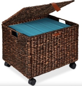 Mobile Water Hyacinth Rolling Filing Cabinet Storage Basket w/ Lid, Wheels