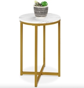 Round Coffee Side Table w/ Faux Marble Top, Metal Frame - 16in