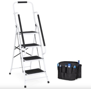 4-Step Portable Folding Ladder w/ Handrails, Attachable Tool Bag