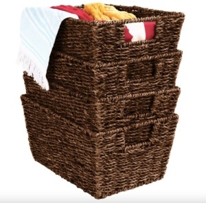 Set of 4 Seagrass Storage Tote Baskets, Laundry Organizer w/ Insert Handles