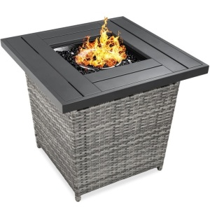 28in Fire Pit Table 50,000 BTU Wicker Propane w/ Faux Wood Tabletop, Cover, Gray