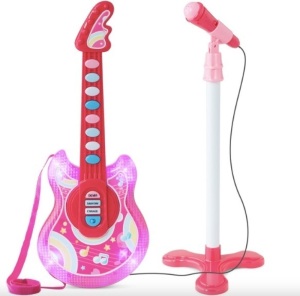 Kids Pretend Play Guitar Musical Instrument Toy w/ Microphone, Stand - 19in