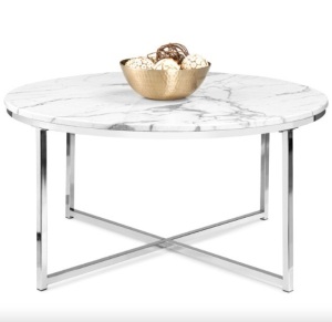 Round Coffee Table w/ Faux Marble Top, Metal Frame - 36in