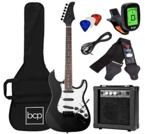 Best Choice Products 39in Full Size Beginner Electric Guitar Starter Kit w/Case, Strap, 10W Amp, Strings, Pick, Tremolo Bar - Jet Black