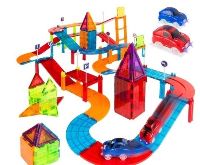 105-Piece Kids Magnetic Building Tiles Set, Racetrack Construction Education STEM Toy w/ 2 Cars