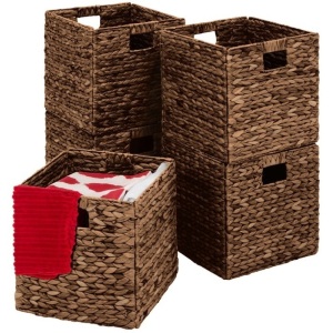 Set of 5 Collapsible Hyacinth Storage Baskets w/ Inserts - 12x12in, Espresso