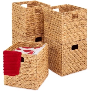 Set of 5 Collapsible Hyacinth Storage Baskets w/ Inserts - 12x12in, Natural