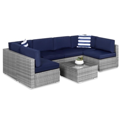 7-Piece Modular Wicker Sectional Conversation Set w/ 2 Pillows, Cover, Gray/Navy