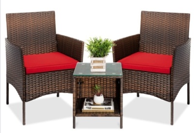 3-Piece Outdoor Patio Wicker Bistro Set w/ Side Storage Table, Brown/Red