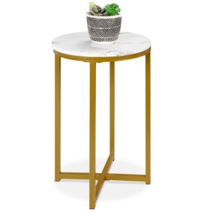 Round Coffee Side Table w/ Faux Marble Top, Metal Frame - 16in, White/Bronze Gold