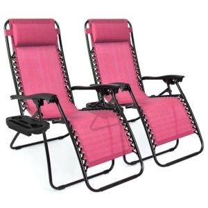 Set of 2 Adjustable Zero Gravity Patio Chair Recliners w/ Cup Holders, Pink