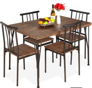 5-Piece Modern Metal and Wood Dining Table Furniture Set w/ 4 Chairs, Drift Brown