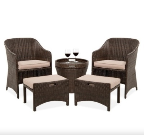 5-Piece Outdoor Wicker Bistro Set w/ Side Storage Table, No Assembly
