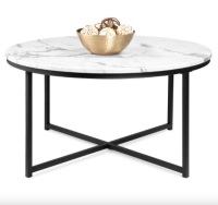 Round Coffee Table w/ Faux Marble Top, Metal Frame - 36in