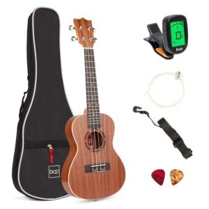 23in Acoustic Concert Sapele Ukulele Starter Kit w/ Gig Bag, Strap, Tuner