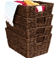 Set of 4 Seagrass Storage Tote Baskets, Laundry Organizer w/ Insert Handles, Brown