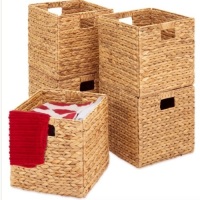 Set of 5 Collapsible Hyacinth Storage Baskets w/ Inserts - 12x12in, Natural