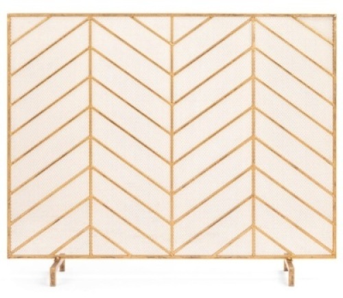 Single Panel Iron Chevron Fireplace Screen w/ Antique Finish - 38x31in, Gold