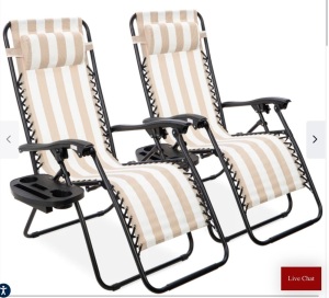 Set of 2 Adjustable Zero Gravity Patio Chair Recliners w/ Cup Holders, Tan/Stirped ,Like New, Retail - $119.99