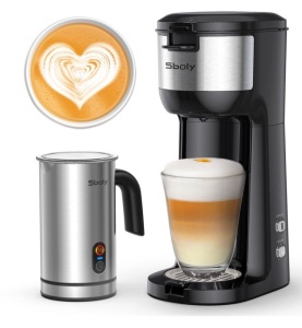 Sboly Single Serve Coffee Maker with Milk Frother Cappuccino and Latte Machine, Brew Size 6-14oz Black, Like New, retail - $46.99