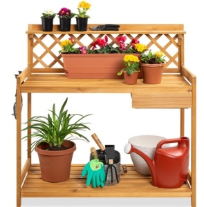 Wooden Garden Potting Bench Workstation w/ Cabinet Drawer, Open Shelf