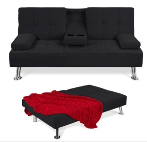 Linen Upholstered Convertible Sofa Bed Futon w/ 2 Cupholders, Black