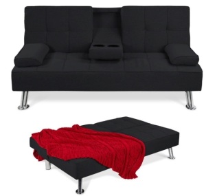 Linen Upholstered Convertible Sofa Bed Futon w/ 2 Cupholders, Black