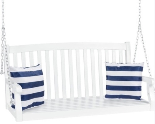 Wooden Curved Back Hanging Porch Swing Bench w/ Mounting Chains - 48in, White