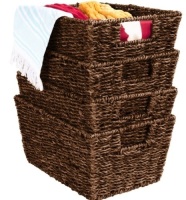 Set of 4 Seagrass Storage Tote Baskets, Laundry Organizer w/ Insert Handles, Brown