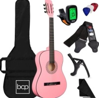 Beginner Acoustic Guitar Set w/ Case, Strap, Digital Tuner, Strings - 38in, Pink