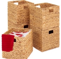 Set of 5 Collapsible Hyacinth Storage Baskets w/ Inserts - 12x12in, Natural