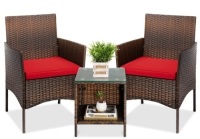 3-Piece Outdoor Patio Wicker Bistro Set w/ Side Storage Table, Brown/Red