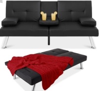 Faux Leather Upholstered Convertible Sofa Bed Futon w/ 2 Cupholders, Black