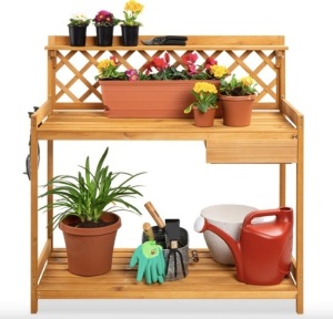 Wooden Garden Potting Bench Workstation w/ Cabinet Drawer, Open Shelf