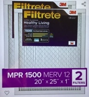 Filtrete 20x25x1, AC Furnace Air Filter, MPR 1500, HealthyLiving Ultra Allergen, 2-Pack (exact dimensions 19.719 x24.688 x0.78), Like New, Retail - $35.09