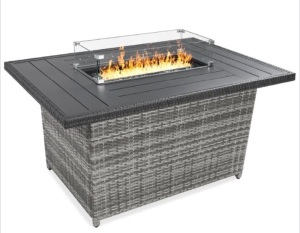 Wicker Propane Fire Pit Table, 50,000 BTU w/ Glass Wind Guard, Cover - 52in, Appears New, Retail $499.99
