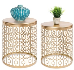 Set of 2 Decorative Round Side Accent Table Nightstands w/ Nesting Design