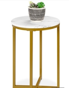 Round Coffee Side Table w/ Faux Marble Top, Metal Frame - 16in, White/Bronze Gold