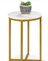 Round Coffee Side Table w/ Faux Marble Top, Metal Frame - 16in, White/Bronze Gold