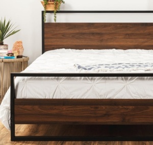 Metal Wood Platform Queen Bed Frame w/ Wooden Slats