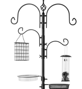 4-Hook Bird Feeding Station, Steel Feeder Stand w/ 2 Bird Feeders - 91in, Black