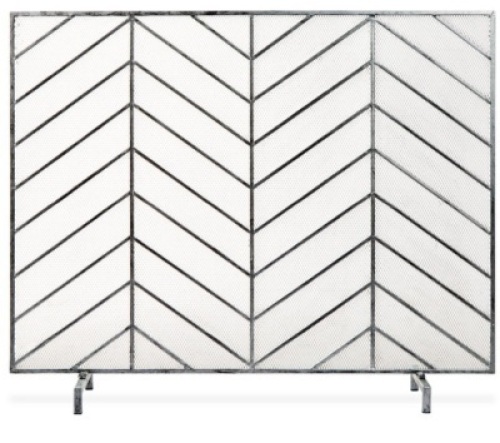 Single Panel Iron Chevron Fireplace Screen w/ Antique Finish - 38x31in, Pewter