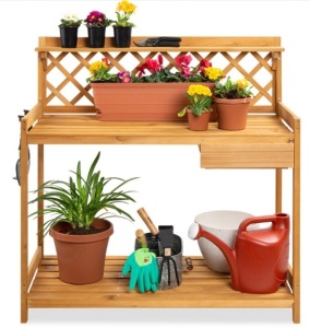 Wooden Garden Potting Bench Workstation w/ Cabinet Drawer, Open Shelf